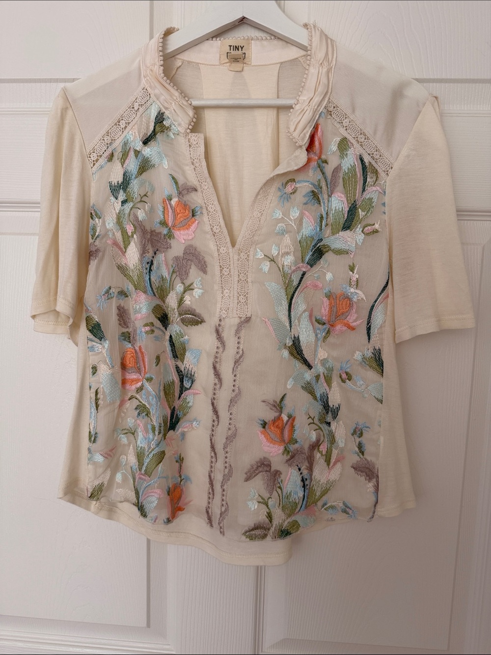 Embroidered Cream Floral Short-Sleeve Blouse by Tiny